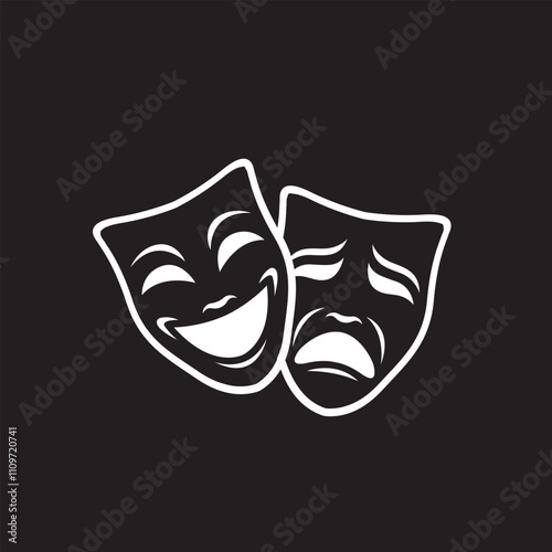 icon of comedy and tragedy theatrical masks isolated on black background
