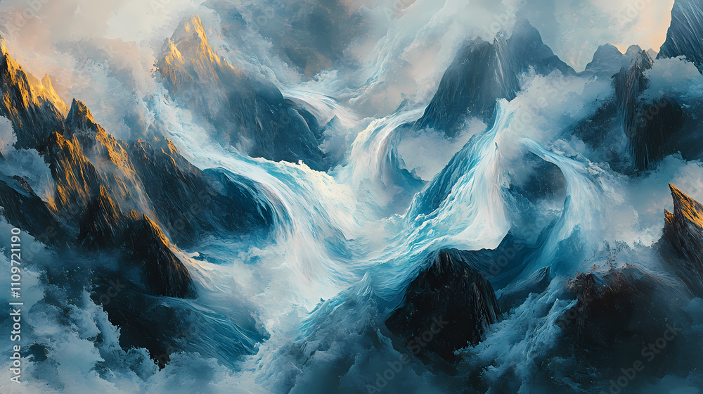 A surreal, dreamlike world unfolds as fluid blue and white flows, infused with golden highlights, navigate a labyrinthine terrain of maroon and bronze peaks and valleys. Labyrinthine. Illustration A surreal, dreamlike world unfolds as fluid blue and white flows, infused with golden highlights, navigate a labyrinthine terrain of maroon and bronze peaks and valleys. Labyrinthine. Illustration