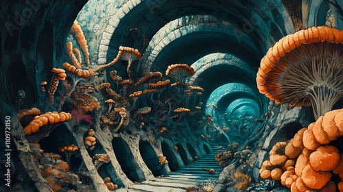 A subterranean city teems with life, its labyrinthine tunnels home to a myriad of fantastical creatures both strange and wondrous. subterranean. illustration. Labyrinthine. Illustration photo