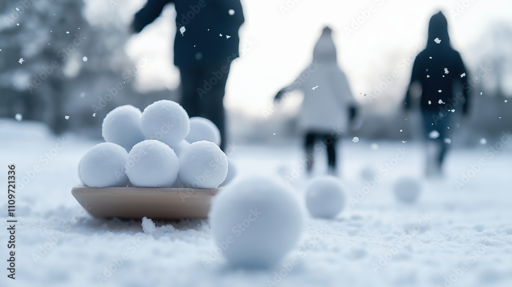 Group of people walking in a snowy landscape. the sky is overcast and the ground is covered in a thick layer of snow. in the foreground, there is a wooden plate with a pile of white balls on it. Group of people walking in a snowy landscape. the sky is overcast and the ground is covered in a thick layer of snow. in the foreground, there is a wooden plate with a pile of white balls on it.