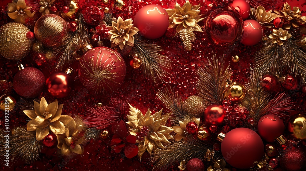 Opulent Christmas adornments in red and gold, created with Generative AI for a luxurious holiday look. Opulent Christmas adornments in red and gold, created with Generative AI for a luxurious holiday look.