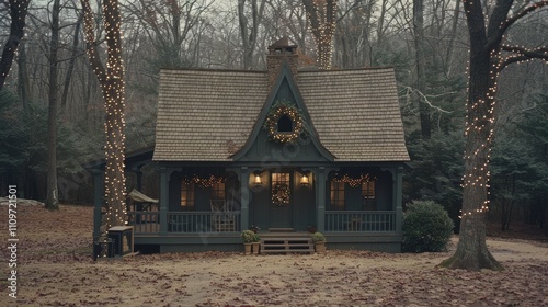 Enigmatic forest cabin adorned with festive christmas decorations and holiday cheer