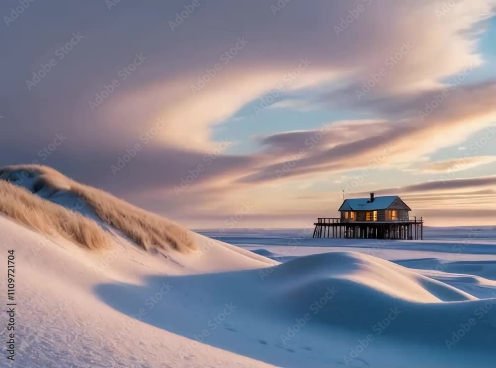 A windswept winter dune beach, where frosty sand dunes rise gracefully, their edges shimmering with a thin layer of snow A windswept winter dune beach, where frosty sand dunes rise gracefully, their edges shimmering with a thin layer of snow