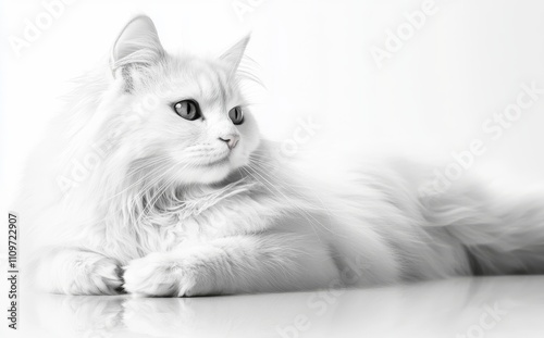 In the soft daylight, a fluffy white cat rests gracefully on a plain white surface. photo