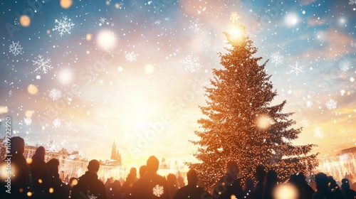 Enchanting Outdoor Christmas Celebration with Colorful Lights, Joyful People, and Magical Snowflakes in Ultra-Detailed Scene