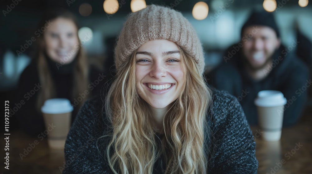 Fototapeta premium Close-up portrait of a young woman with long blonde hair, wearing a beige beanie and smiling at the camera. she is sitting at a table with two other people, a man and a woman, behind her.