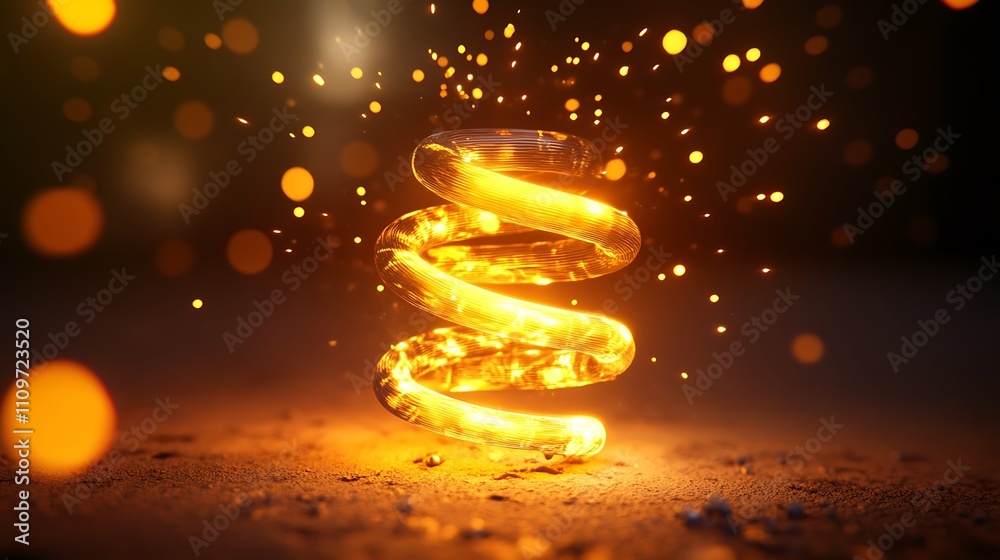 Obraz premium Glowing spiral of light energy with sparks on dark background.