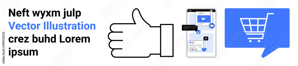 Thumbs up icon, smartphone with multimedia app interface, blue shopping cart in speech bubble. Ideal for digital marketing, e-commerce, mobile app interfaces, user experience, online shopping Thumbs up icon, smartphone with multimedia app interface, blue shopping cart in speech bubble. Ideal for digital marketing, e-commerce, mobile app interfaces, user experience, online shopping