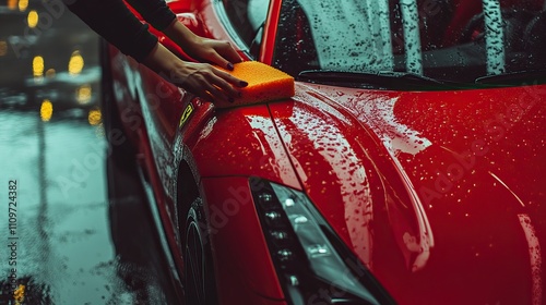 Rain-drenched red sports car being carefully washed with orange sponge photo