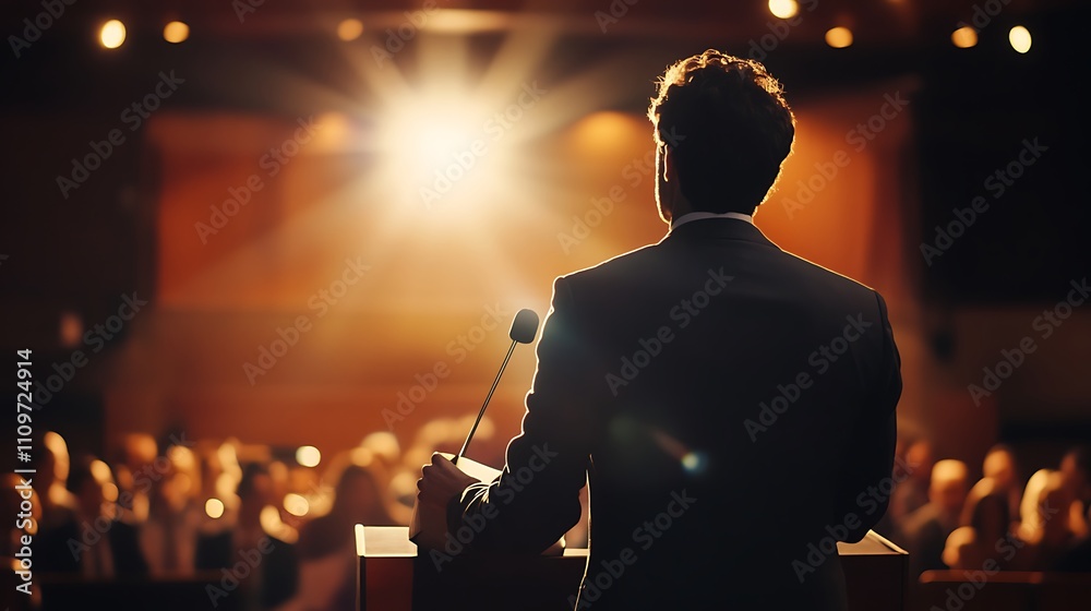 Man giving speech at a conference, backlit by spotlights. Man giving speech at a conference, backlit by spotlights.