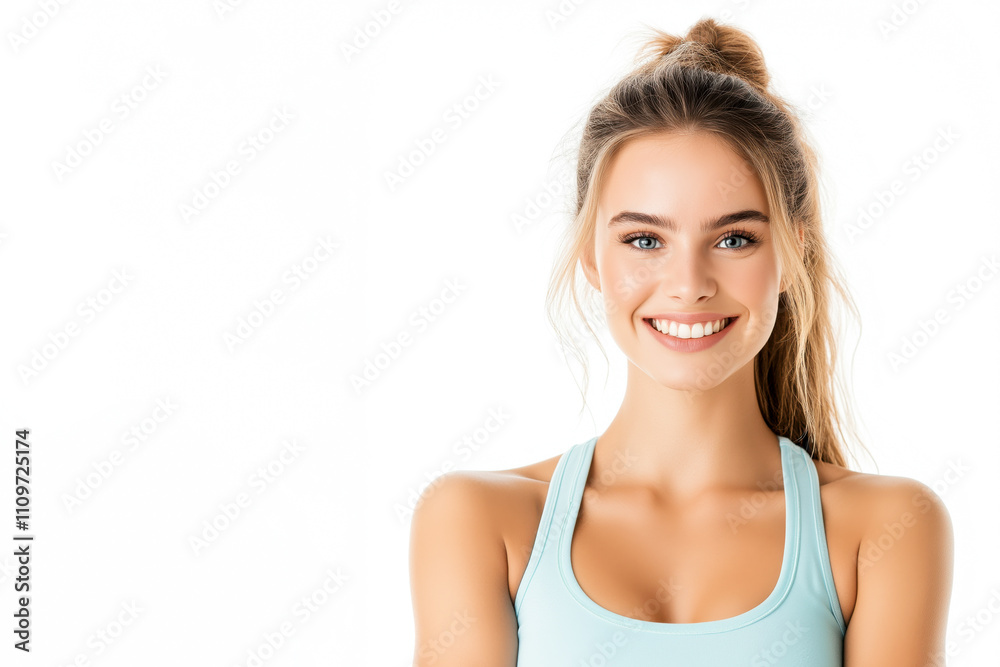 Smiling Woman in Light Blue Athletic Wear Poses Confidently, Radiating Positivity and Fitness Awareness in a Bright, Minimalist Setting Smiling Woman in Light Blue Athletic Wear Poses Confidently, Radiating Positivity and Fitness Awareness in a Bright, Minimalist Setting
