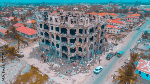 Aerial view of a devastated building in the city center, showcasing urban destruction and decay