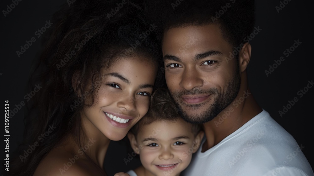 Portrait of a family of three - a mother, father, and son. the mother is on the left side of the image, with her head resting on the father's shoulder.