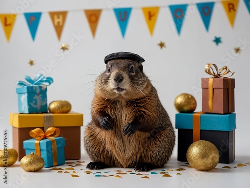 festive toy groundhog on the second of february for the day of the arrival of spring on a white background with confetti flags and a party atmosphere photo