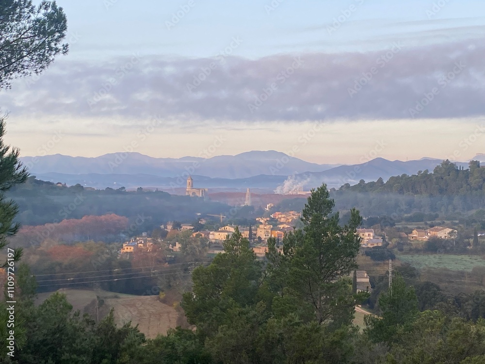 Fototapeta premium Girona skyline silhouette on a sunrise landscape beautiful scene