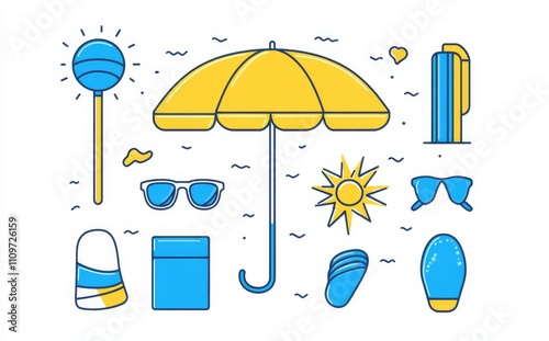 On a sunny day, a brightly colored beach umbrella provides shade for items like sunglasses and beach balls, highlighting a cheerful summer activity. photo