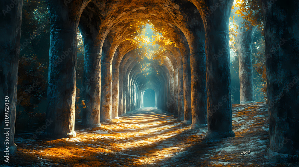 Fototapeta premium A labyrinthine garden of stone pillars creating an otherworldly forest where the trees are made of stone and the sunlight filters through their cracks. Labyrinthine. Illustration