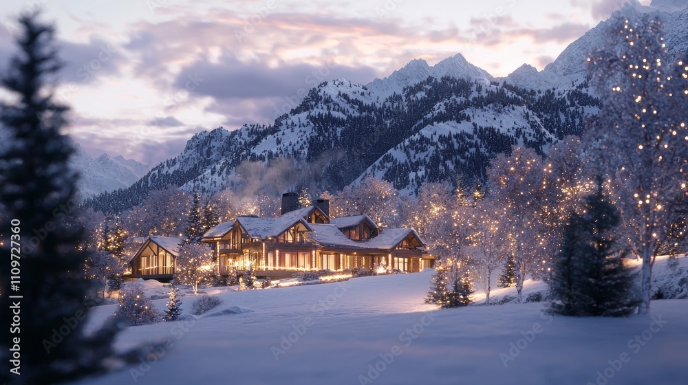 Fototapeta premium Serene Winter Retreat: Enchanted Cabin in Snowy Mountain Wonderland