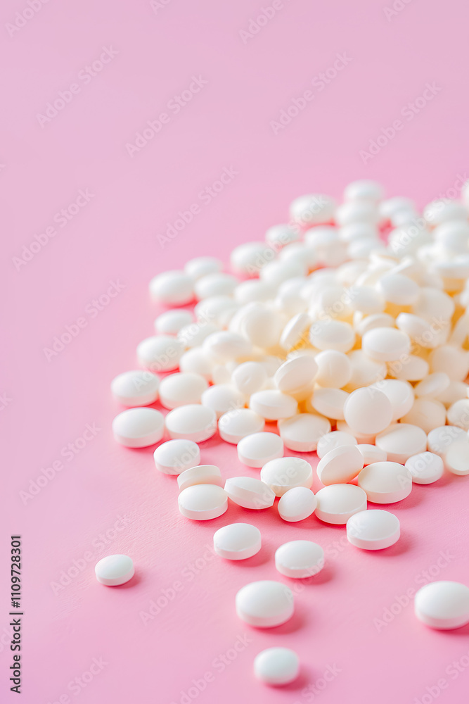 Pile of plane white pills on pastel background Pile of plane white pills on pastel background