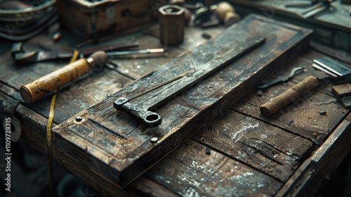 Old rusty tools on a weathered workbench.