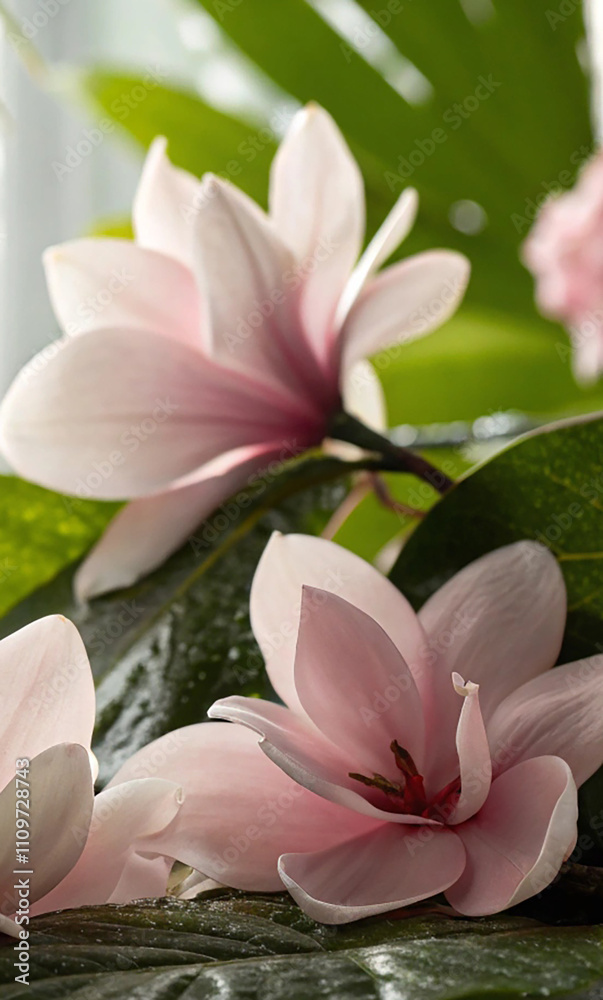 Fototapeta premium Pink magnolias against a background of tropical leaves