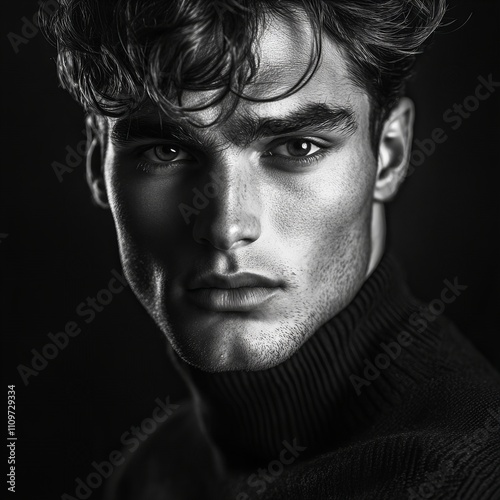 black and white closeup portrait of a young, handsome man on black background, concept of cosmetics, skincare, shaving and beauty