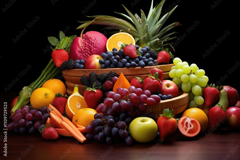 This arrangement features a variety of fresh fruits and vegetables showcasing vibrant colors and textures inviting healthy eating This arrangement features a variety of fresh fruits and vegetables showcasing vibrant colors and textures inviting healthy eating