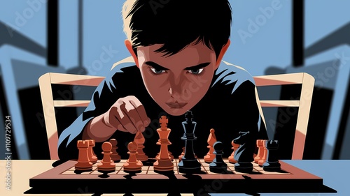 illustrations of a boy with chess board