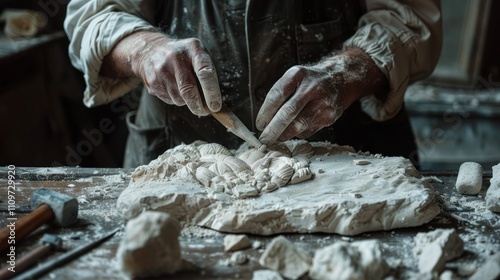 Sculptor's hands carefully carving a stone figure.