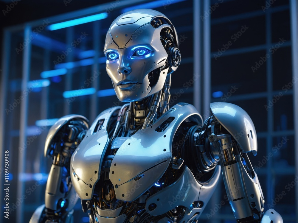 A humanoid robot data analyst, analyzing digital data on a futuristic screen, blending advanced technology with artificial intelligence A humanoid robot data analyst, analyzing digital data on a futuristic screen, blending advanced technology with artificial intelligence