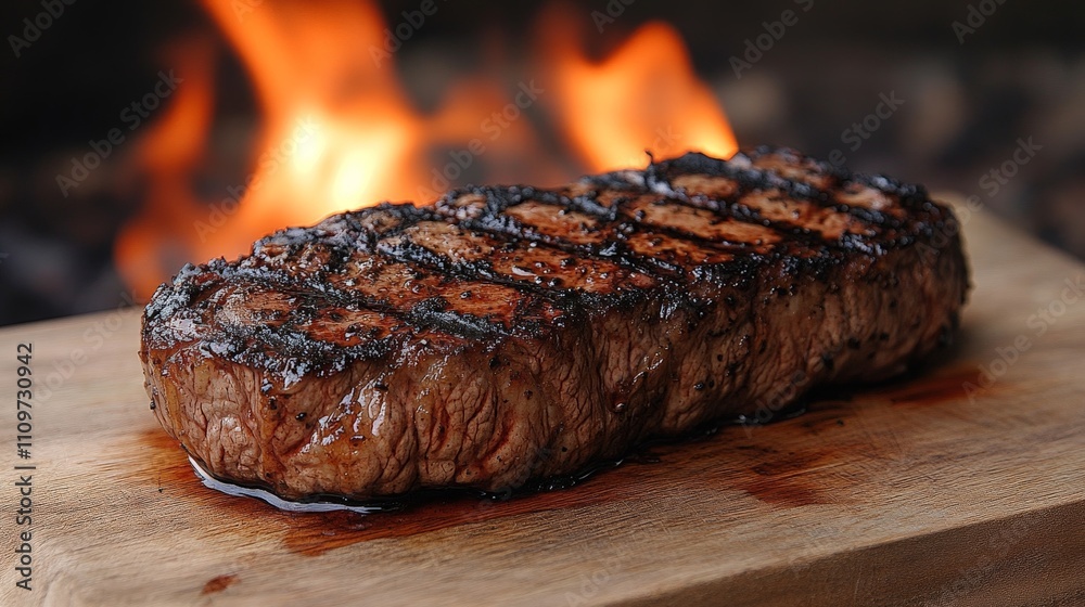 custom made wallpaper toronto digitalA perfectly grilled steak on a wooden board, showcasing its juicy texture and grill marks.