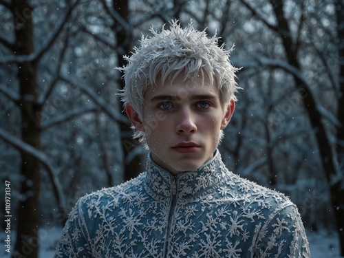 A mythical depiction of Jack Frost, a figure embodying winter, with frosty white hair, glowing icy blue eyes, and an aura of cold
