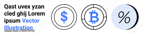 Dollar symbol, Bitcoin logo, and a percentage sign in circular outlines, combined with text. Ideal for financial apps, investment platforms, cryptocurrency websites, fintech startups, economic blogs