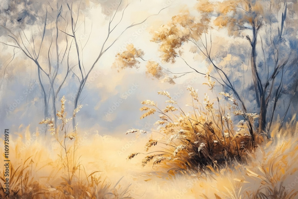 Fototapeta premium A calming pastel landscape painting vividly depicts soft grasses gently swaying and delicate tree branches, evoking a sense of tranquility and beautifully highlighting natures stunning beauty