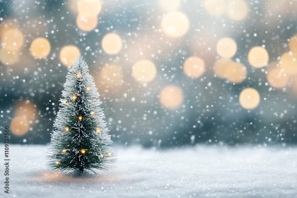 Empty white snow with blur Christmas tree with bokeh light background, Empty white snow with blur Christmas tree with bokeh light background,