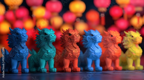 Colorful Chinese Foo Dogs Statues Lantern Background Asian Culture photo