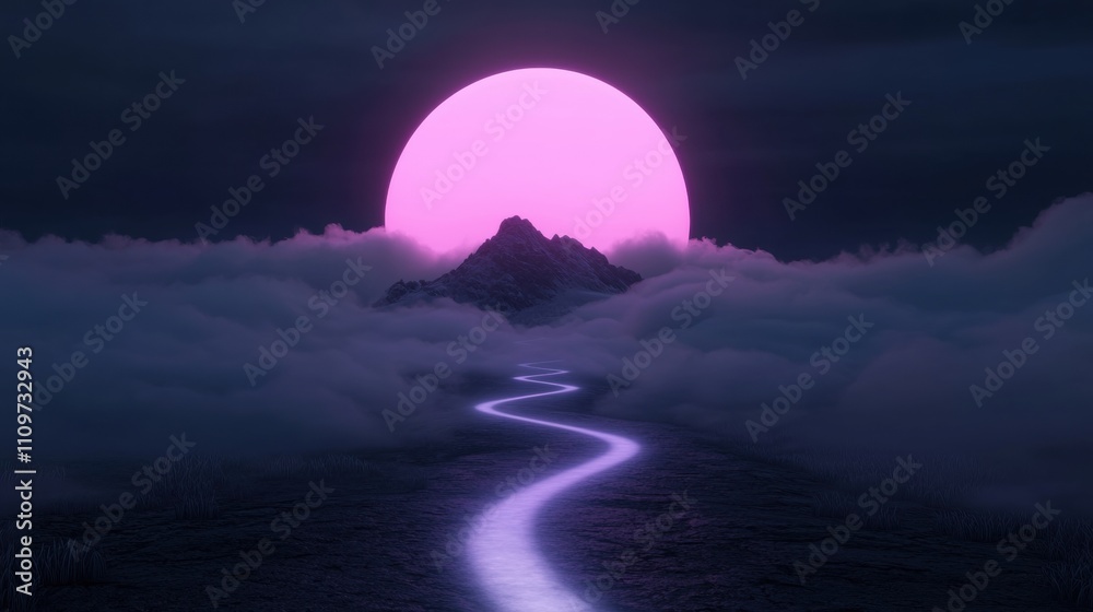 Digital illustration of a landscape with a mountain in the background. the sky is dark and cloudy, and the sun is partially visible in the top right corner of the image.