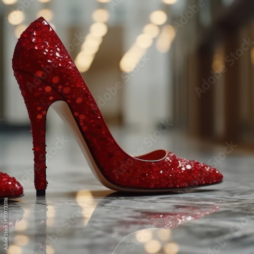 Elegant high-heeled sumptuous red stiletto shoes, encrusted with beautiful rubies 