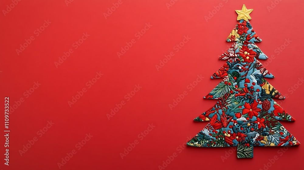 A Christmas banner featuring a tree applique with space for text, showcasing a fabric-made Christmas tree concept. A Christmas banner featuring a tree applique with space for text, showcasing a fabric-made Christmas tree concept.