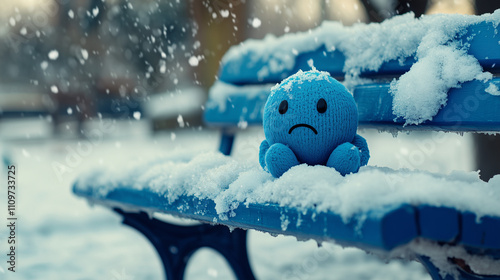 Sad blue smiley face on a snow-covered bench, Blue Monday concept