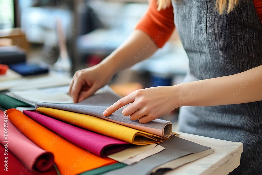female designer with fabric color samples choosing textile for curtains, female designer with fabric color samples choosing textile for curtains,
