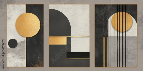 This exquisite collection features modern geometric designs with gold accents, perfect for stylish home decor. It blends textures and colors to evoke contemporary elegance and sophistication