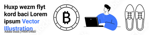 Man with laptop, Bitcoin symbol, modern shoes, and placeholder text. Ideal for finance, technology, fashion, digital currency, remote work, modern lifestyle, design contexts. Landing page