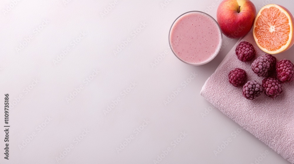 Flat lay of a pink smoothie in a glass on a white background. on the right side of the image, there is a slice of grapefruit, an apple, and a bunch of raspberries on a pink napkin. Flat lay of a pink smoothie in a glass on a white background. on the right side of the image, there is a slice of grapefruit, an apple, and a bunch of raspberries on a pink napkin.
