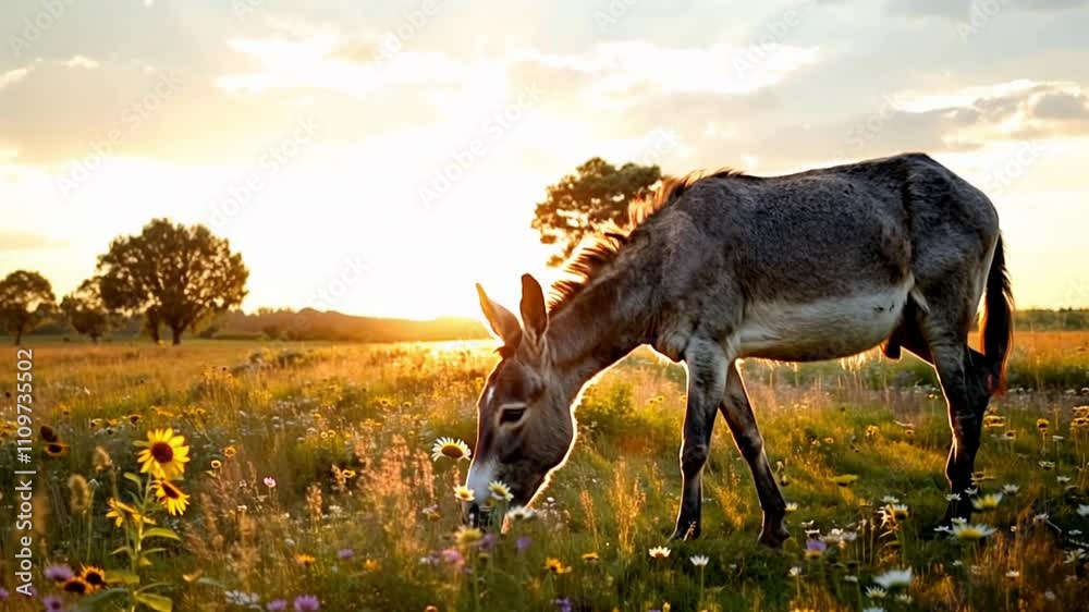 Donkey grazing peacefully in a sunlit field during golden hour, bathed in warm light, creating a tranquil atmosphere.