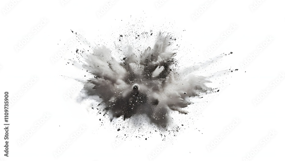 A dramatic monochrome explosion captured against a stark white background. The image showcases the dynamic energy and intricate details of the event. A dramatic monochrome explosion captured against a stark white background. The image showcases the dynamic energy and intricate details of the event.