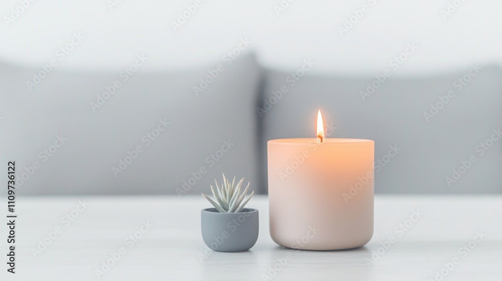 custom made wallpaper toronto digitalWhite candle on a white surface. the candle is lit and the flame is burning brightly. next to the candle, there is a small grey pot with a small succulent plant in it.