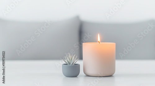 White candle on a white surface. the candle is lit and the flame is burning brightly. next to the candle, there is a small grey pot with a small succulent plant in it.