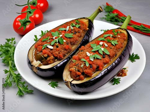 Imam Bayildi Stuffed Eggplant Isolated White photo
