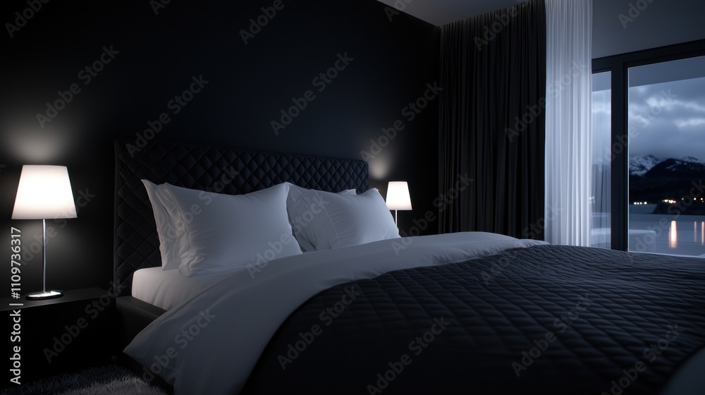 Modern and luxurious bedroom with a large window that offers a beautiful view of the mountains. the room is dimly lit, with only a few lamps on either side of the bed. Modern and luxurious bedroom with a large window that offers a beautiful view of the mountains. the room is dimly lit, with only a few lamps on either side of the bed.